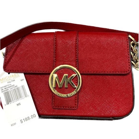 Michael Kors Red Leather Messenger Purse - Picture 1 of 14
